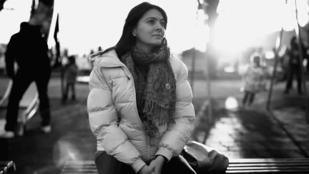 Pensive 30S Woman Looking Distance Black White Thoughtful Contemplation Playground — стоковое видео