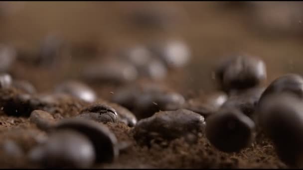 Kaffebönor Spridning Slow Motion Powder Airborne 1000 Fps Makro Närbild — Stockvideo