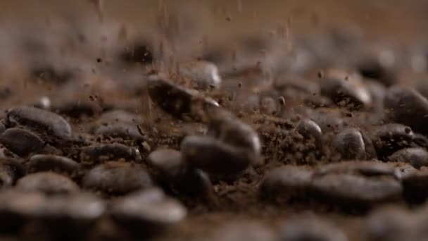 マクロレンズで捕獲された1000 Fpsでスーパースローモーションで降下するコーヒー豆 — ストック動画