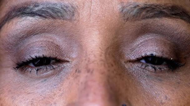 Macro Close Detalhe Afro Americano Anos Mulher Olhando Para Câmera — Vídeo de Stock