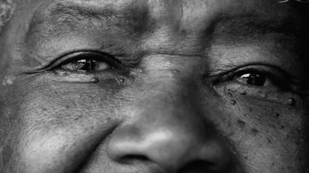 Uśmiechnięta Seniorka Pochodzenia Afrykańskiego Siwymi Włosami Portretem Twarzy Oczu Kolorze — Wideo stockowe