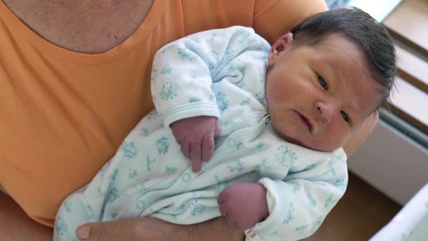 生まれたばかりの赤ちゃんは 上から見ることができます 人生の初期段階 小さな体と手の詳細 世界を観察する目 — ストック動画