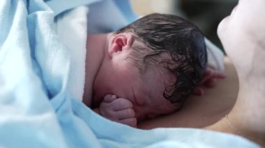 Gerçek hayatta yeni doğmuş bebek annesinin göğsünde dinleniyor ve hayatının ilk dakikalarında ilk kez ağlıyor. Gerçek bebek doğumdan hemen sonra.