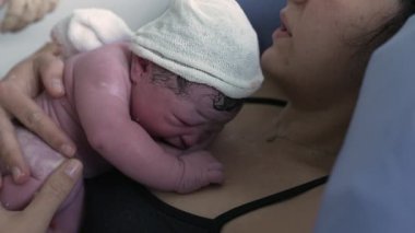 Doğum anı. Yeni doğan bebeğin annesinin göğsünde dinlenen gerçek doğum anı. Anne ve bebek arasındaki ten temasını vurgulamak.