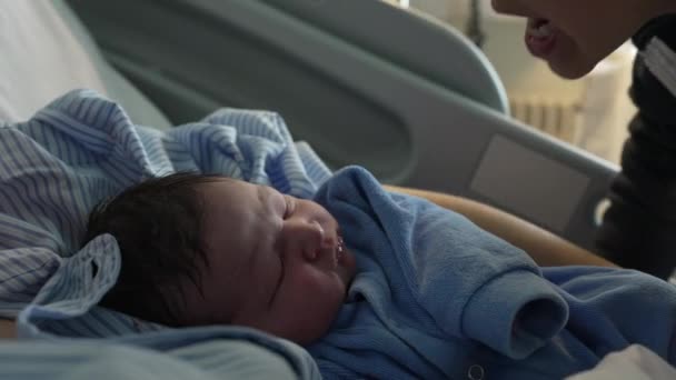 Bebê Recém Nascido Sendo Beijado Bochecha Pelo Irmão Clínica Hospital — Vídeo de Stock