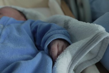 Yeni doğmuş bir bebeğin, yumuşak beyaz bir battaniyenin üzerinde dinlenirken çekilmiş detaylı bir fotoğrafı. Bebeğin ince parmakları ve narin cildi yeni bir hayat ve şefkat hissi veriyor.