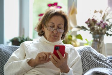 Gözlüklü ve beyaz kazaklı yaşlı bir kadın bir kanepede oturur ve dikkatle akıllı telefonunu kullanır. Onun odaklanmış ifadesi modern bir bağlantı ve teknolojiyle olan bağlantısını yakalıyor.