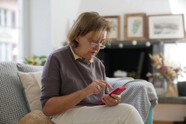 Kanepede oturan yaşlı kadın, akıllı telefonunu kullanıyor, ev ortamında rahat bir ortam sağlıyor, yaşlılar arasında dijital okuryazarlık ve modern teknoloji kullanımını gösteriyor, odaklanmış ve meşgul.