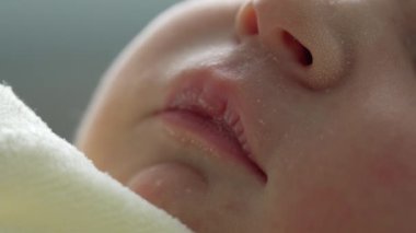 Yeni doğmuş bir bebeğin hassas cildine, kapalı gözlerine ve huzurlu ifadesine odaklanan makro görüntüsü. Saf masumiyet ve yeni doğan bir bebeğin huzurlu uykusunun sükuneti.