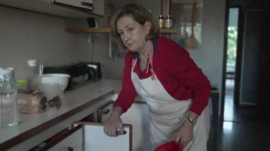 Mutfak Hazırlama - Önlüklü Olgun Kadın Lezzetli Ev Yapımı Yemekleri Kabinesinden Sebze Kolanderi Aldı