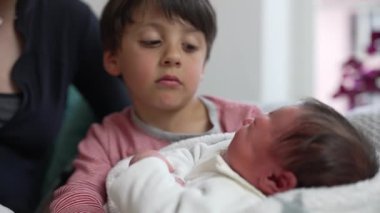 Küçük çocuk, yeni doğan kardeşini nazikçe kucağında tutuyor, annesi yakınlarda, aile dinamiklerini keşfediyor, besleniyor, kardeş bağı kuruyor, ev içinde samimi bir ortam, duygusal bir bağ kuruyor.