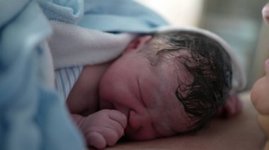 Doğumdan hemen sonra bebeğin yakın plan çekimi anne göğsünde dinleniyor cilt temasını vurguluyor. otantik gerçek hayat doğum anı, bebeğin hayatının ilk dakikaları.