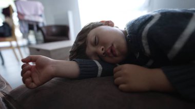 Huzurlu Genç Çocuk Kahverengi Kanepede Rahat Uyuyor