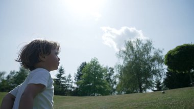 Gökyüzüne bakan genç çocuk, arka planda güneşli tarlalar ve ağaçlar, açık hava oyununun mucizesini yakalıyor.