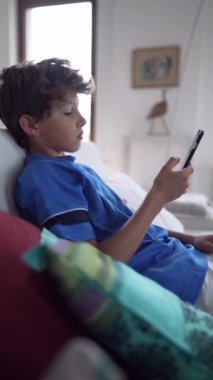 Oturma odasındaki koltukta otururken cep telefonuyla meşgul olan genç modern hayatın günlük eğlenceleri.