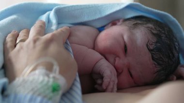 Yenidoğan Yaşamının İlk Anları - Bebek Anne 'nin Göğsüne Battaniyeyle Kaplanmış, Dünyayı Tecrübe Ediyor