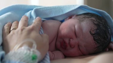 Yenidoğan Yaşamının İlk Anları - Bebek Anne 'nin Göğsüne Battaniyeyle Kaplanmış, Dünyayı Tecrübe Ediyor