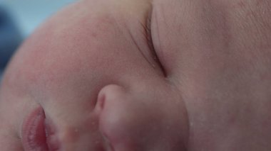 Hayatının ilk günü uyuyan yeni doğmuş bebek için makro detay. Bir insanın doğum sonrası dinlenme saatleri