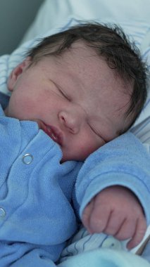 Yeni doğan bebeğin yüzü, huzurlu bir uykuda gözleri kapalı, masumiyetin özü ve sükunet mavi tulumda, bebek gözlerini açıyor, dikey video.
