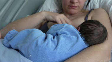 Yeni doğan bebek mavi bir battaniyeye sarılmış, anne ve çocuk arasında paylaşılan huzurlu ve besleyici anın altını çizerek, bir hastane yatağında dinlenirken annesinin kollarında emziriyor.