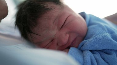 Mavi tulumlu bir bebeğin yan profili, merak ve merakla bakıyor, keşfin ilk anlarını yakalıyor ve yumuşak ve huzurlu bir ortamda yeni bir hayatın masumiyetini yakalıyor.