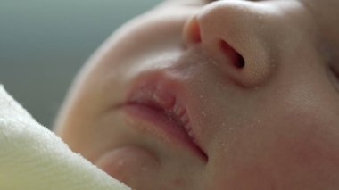 Yeni doğmuş bir bebeğin hassas cildine, kapalı gözlerine ve huzurlu ifadesine odaklanan makro görüntüsü. Saf masumiyet ve yeni doğan bir bebeğin huzurlu uykusunun sükuneti.