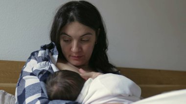 Anne, yeni doğmuş bebeği yatakta kareli gömlek giyerek nazikçe emziriyor. Beyaz bir battaniyeye sarılı bebek, barışçıl bir bağ anı paylaşıyor. Yakın çekim bağlantılarını yakalar