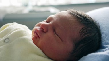 Yenidoğan Bebek Mavi Yastıkta Huzur İçinde Uyuyor, Huzurlu ve Masum Dinlenme Anını Yumuşak, Doğal Aydınlatma Ayarında Yakalıyor