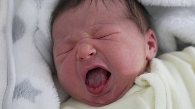 Yeni doğmuş bebek battaniyeye sarılıp esniyor. Bebeğin ağzı açık ve gözleri kapalı. Çocukluk döneminin masumiyetini ve doğal güzelliğini vurgulayan uykulu bir anı yakalayın.