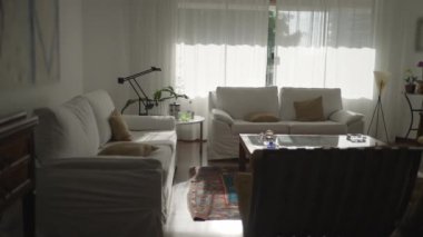 Beyaz kanepeleri olan modern bir oturma odasının iç tasarımı. 