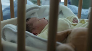 Yeni doğan bir bebeğin beşikte dinlenmesi, yumuşak, beyaz bir battaniyeye kurulması, hayatın ilk aşamalarında bebeğin huzur ve rahatlığını vurgulamak.