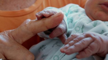 Yaşamın ilk günlerinde bir bebeğin küçük ellerine nazikçe dokunmak büyükanne bakımı altında
