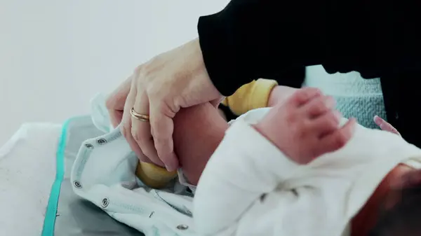 stock image Gentle Dressing by Mother - Newborn's Legs in Clothes. A close-up of a mother dressing her newborn's legs, capturing the delicate and tender process in the early days of the infant's life