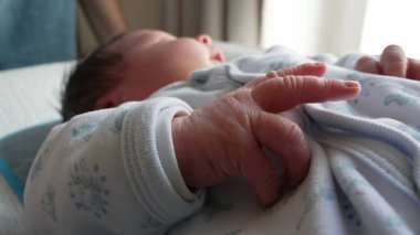 Yeni doğmuş bebek, minicik eller, hayatın ilk günlerinde makro yakın çekim. Sevimli bebek eli, hayatın ilk haftası.