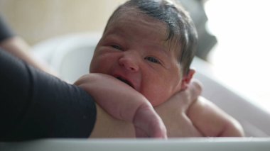 Banyo sırasında yeni doğmuş bir bebeğin başını koluna dayayıp tuhaf bir şekilde anne tarafından erken yaşta verilen şefkatli ve yatıştırıcı bakımı izlemesi.