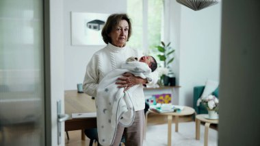 Büyükannem yeni doğan torununu rahat bir battaniyeye sardı. İyi aydınlatılmış bir evde. Aile içi sevgi, sıcaklık ve iki nesil arasındaki güçlü bağ.