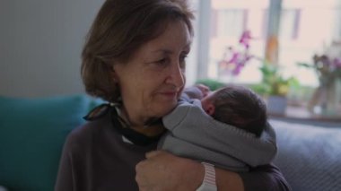 Anneanne yeni doğmuş bir bebeği omzunda tutuyor, huzurlu bir ifadeyle, bir sevgi ve bağ anını yakalıyor.