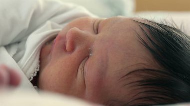 Yeni doğmuş bir bebeğin huzur içinde uyuyup yumuşak özelliklerini ve hassas cildini ön plana çıkardığı yakın plan. ... sıcaklığı ve rahatlığı vurgulayan sakin ve hassas bir gençlik anıydı.