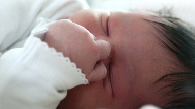 Yeni doğan bebek, küçük ele odaklanmış bir şekilde huzur içinde uyuyor. erken yaşamın sükuneti ve sükuneti, güvenli bir ortamın sıcaklığını ve rahatlığını vurguluyor.