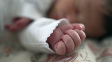 Yenidoğan 'ın minik eli, bembeyaz giyinmiş, yumuşak bir yüzey üzerinde dinlenen bir yumruğa kıvrılmış. Bulanık bir arka plan, çocukluk döneminin huzurlu ve sakin atmosferini aktarıyor.