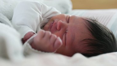 Yeni doğmuş bebek mışıl mışıl uyuyor, minicik bir el yüzünün yanında dinleniyor. Erken yaşamın nazik ve huzurlu doğası, besleyici bir çevrenin güvenliğine ve rahatlığına odaklanıyor.