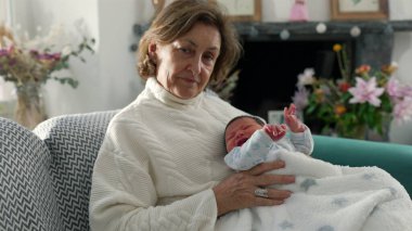 Büyükanne ve yenidoğan, bebek ile güvenli bir şekilde kollarına kurulmuş, nesiller boyu süren şefkatli sevgi ve bağlantıyı yansıtan, sessiz ve samimi bir anı paylaşıyorlar.