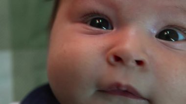Gözlere ve yumuşak yüz hatlarına odaklanmış bir bebek yüzünün aşırı yakın çekimi. Meraklı bir bebeğin kapalı alanda yukarı doğru bakışının detaylı görüntüsü.