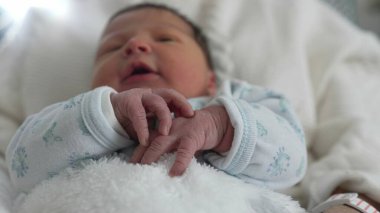 Yenidoğan sakince dinleniyor, sıcaklığa ve güvenliğe sarılmış, merakla bakıyor, huzurlu ve rahatlatıcı bir aile ortamında yeni hayatın masumiyetini ve mucizesini yansıtıyor.