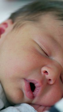 Derin uykuda yeni doğmuş bir bebeğin yüzüne yakın çekim, huzurlu ve huzurlu, narin özelliklere odaklanmış, saf masumiyet ve sakinlik anı, erken yaşamın güzelliğini ön plana çıkarıyor.