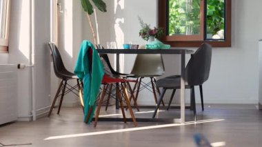 Bir masanın etrafına dizilmiş birden fazla sandalyeyle yemek odası, bir sandalyenin üzerine örtünmüş bir deniz mavisi ceket ve büyük pencerelerden süzülen güneş ışığı, atmosferi hoş karşılıyor.