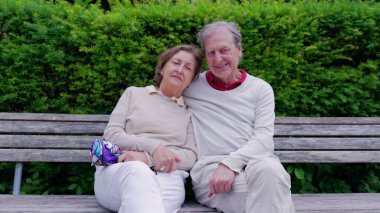 Yaşlı çift parkta bir bankta oturuyor, mutlu bir gülümsemeyle birbirlerine yaslanıyorlar, barışçıl bir arkadaşlığı somutlaştırıyorlar ve aşka dayanıyorlar.