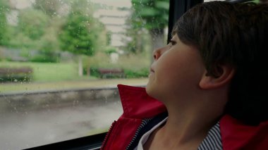 Genç Çocuk başını otobüs camına yaslayıp yağmurlu dünyanın geçişini seyrediyor. Bardaktaki yağmur damlaları ve bulanık açık hava manzarası barışçıl ve yansıtıcı bir ruh hali uyandırıyor.