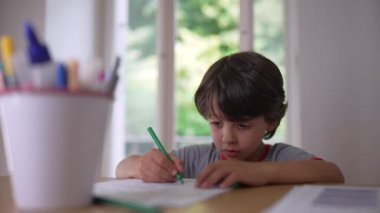 Çocuk çizimine konsantre oluyor, detaylara odaklanırken elinde yeşil bir kalem tutuyor, masadaki sanat projesi üzerinde dikkatle çalışıyor.