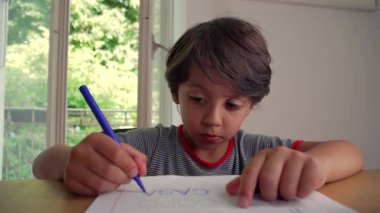Masayı dikkatle boyayan genç bir çocuk, elinde mavi bir kalemle bir çalışma tablosu üzerinde çalışıyor, yaratıcılığını ve motor becerilerini sessiz bir ortamda geliştirmeye odaklanıyor.